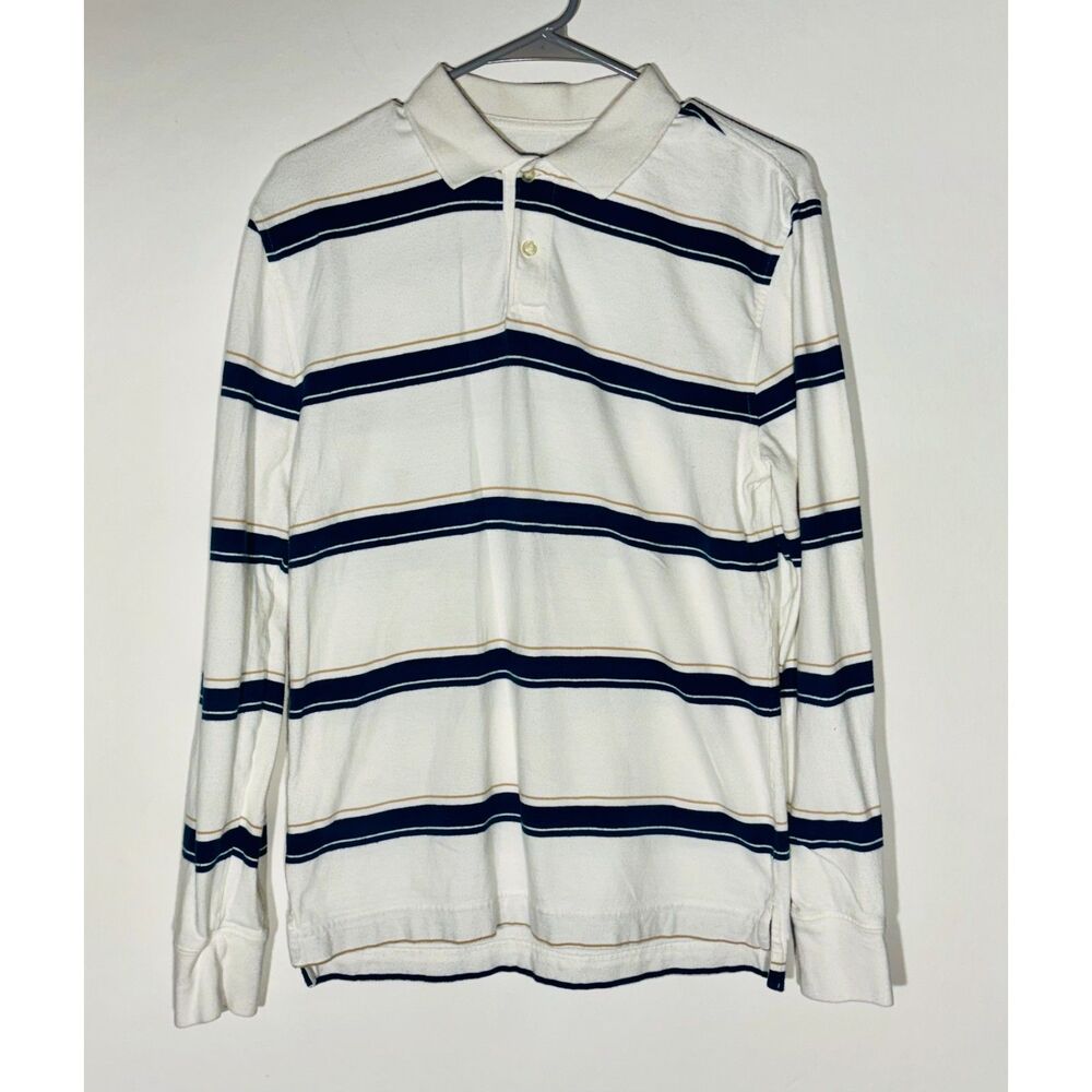 Aeropostale Men’s Long Sleeve Polo Shirt Small White Navy Stripe Cotton